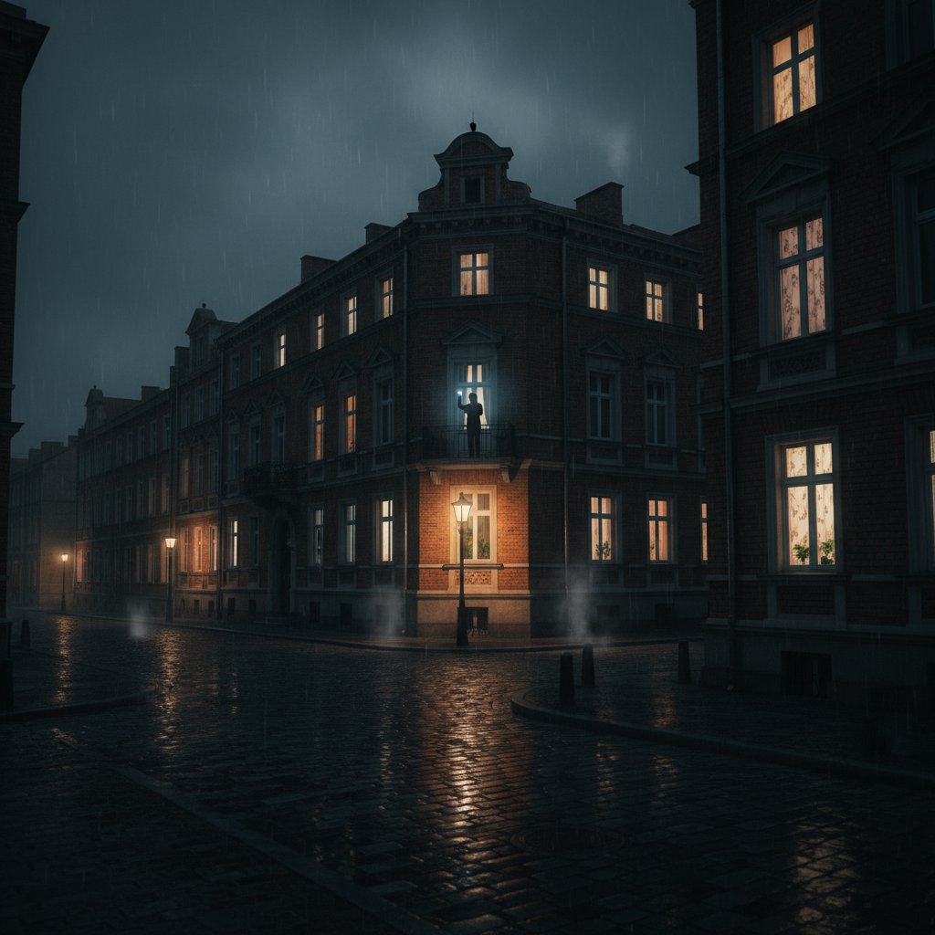 Miasto nocą – osoba samotna przy oknie z telefonem, rozmowa online na poprawę samopoczucia