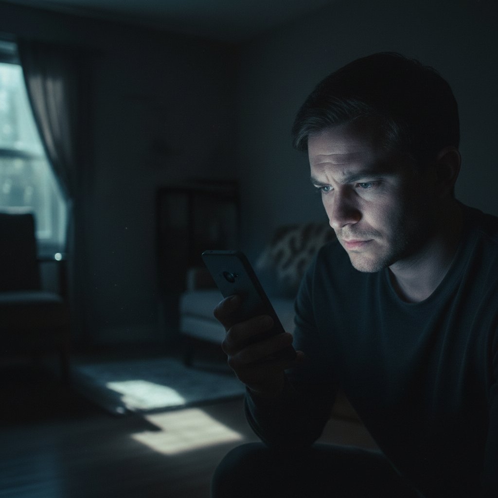 Osoba patrząca na telefon w ciemnym pokoju, zamyślona i szukająca autentycznego kontaktu online, światło ekranu podkreśla napięcie