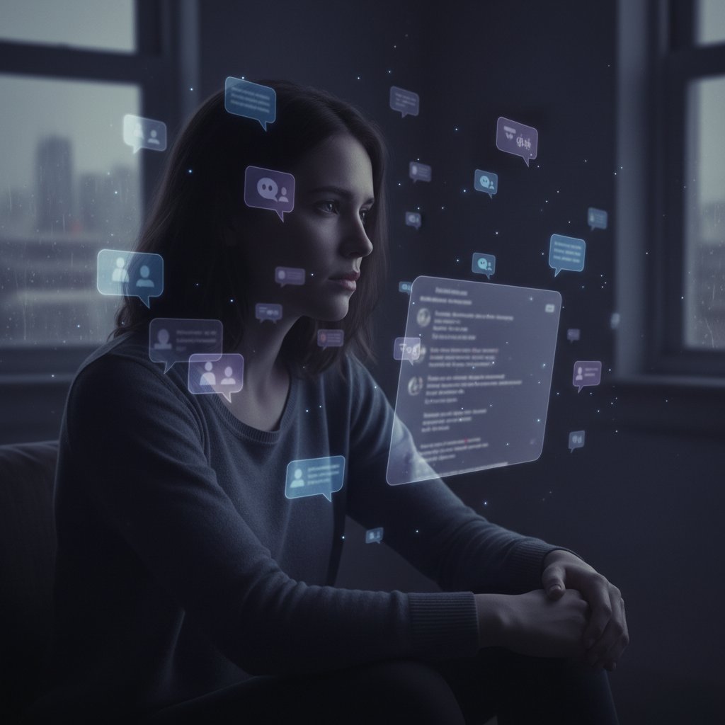 Samotność wśród cyfrowych rozmówców. Osoba otoczona powiadomieniami czatu z zamyślonym wyrazem twarzy