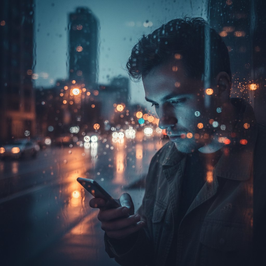 Osoba szukająca wsparcia emocjonalnego nocą, światło telefonu