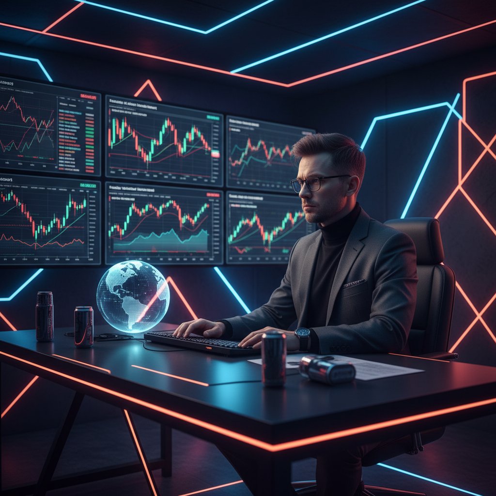 Przedsiębiorca analizujący trendy rynkowe w dynamicznym otoczeniu pełnym danych