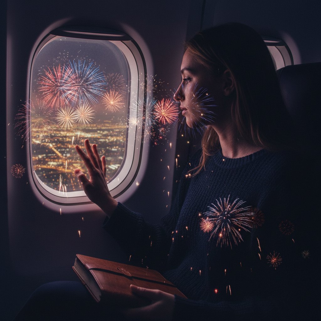 Traveler gazing at July 4th fireworks from airplane window, moody and cinematic lighting, reflecting the personal stakes of Independence Day flights
