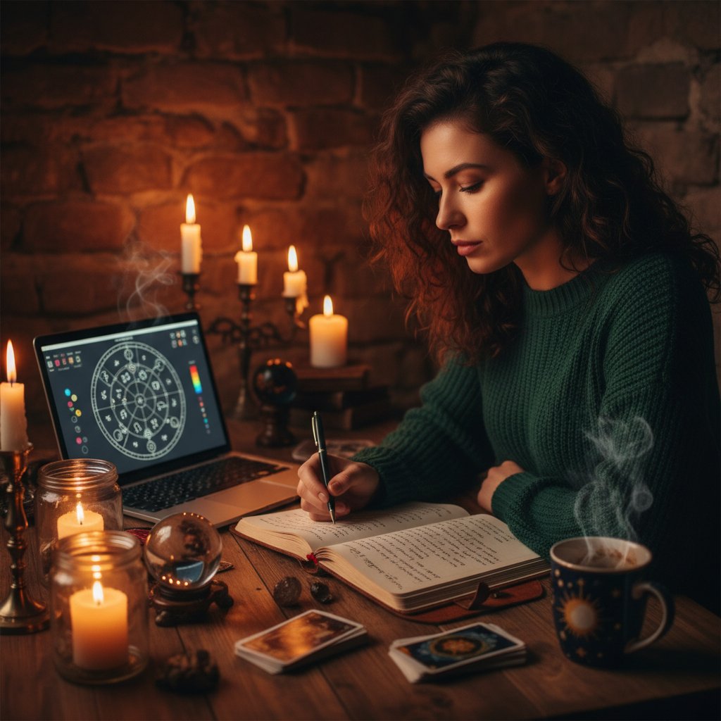 Kobieta analizuje swoje oczekiwania wobec doradcy astrologicznego, astrologia AI