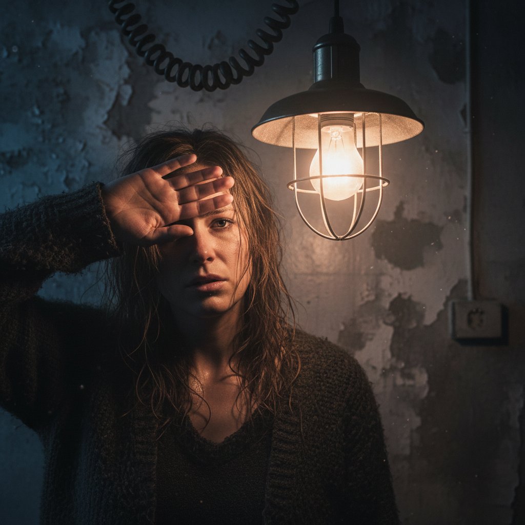 Osoba zasłaniająca oczy przed zbyt jasnym światłem lampy terapeutycznej