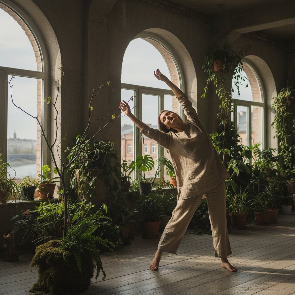 Kobieta rozciągająca się po treningu z trenerką personalną w warszawskim lofcie