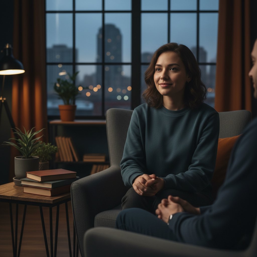 Młody dorosły z nadzieją po sesji terapeutycznej, efekty współpracy z psychologiem