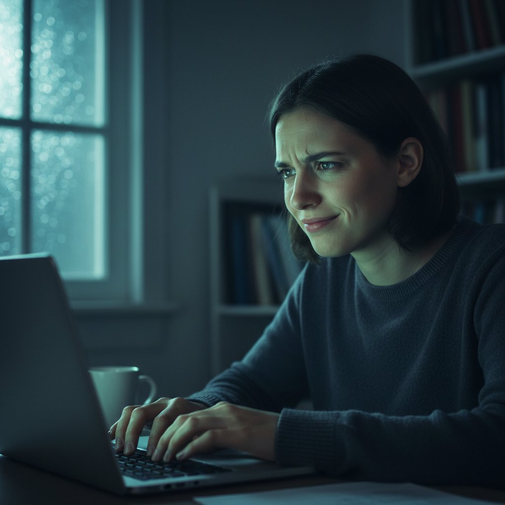 Portret osoby przy komputerze – mieszanka nadziei i sceptycyzmu wobec rozmów online