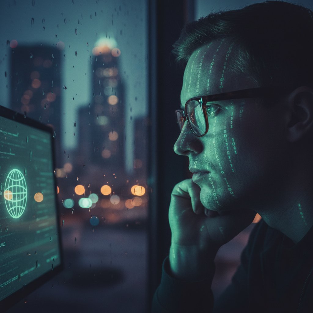 Osoba patrząca w ekran z kodem, nocą, zamyślona – AI w perspektywie humanistycznej