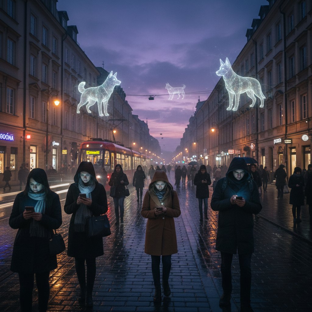 Warszawa nocą z holograficznym pieskiem AI na ulicy