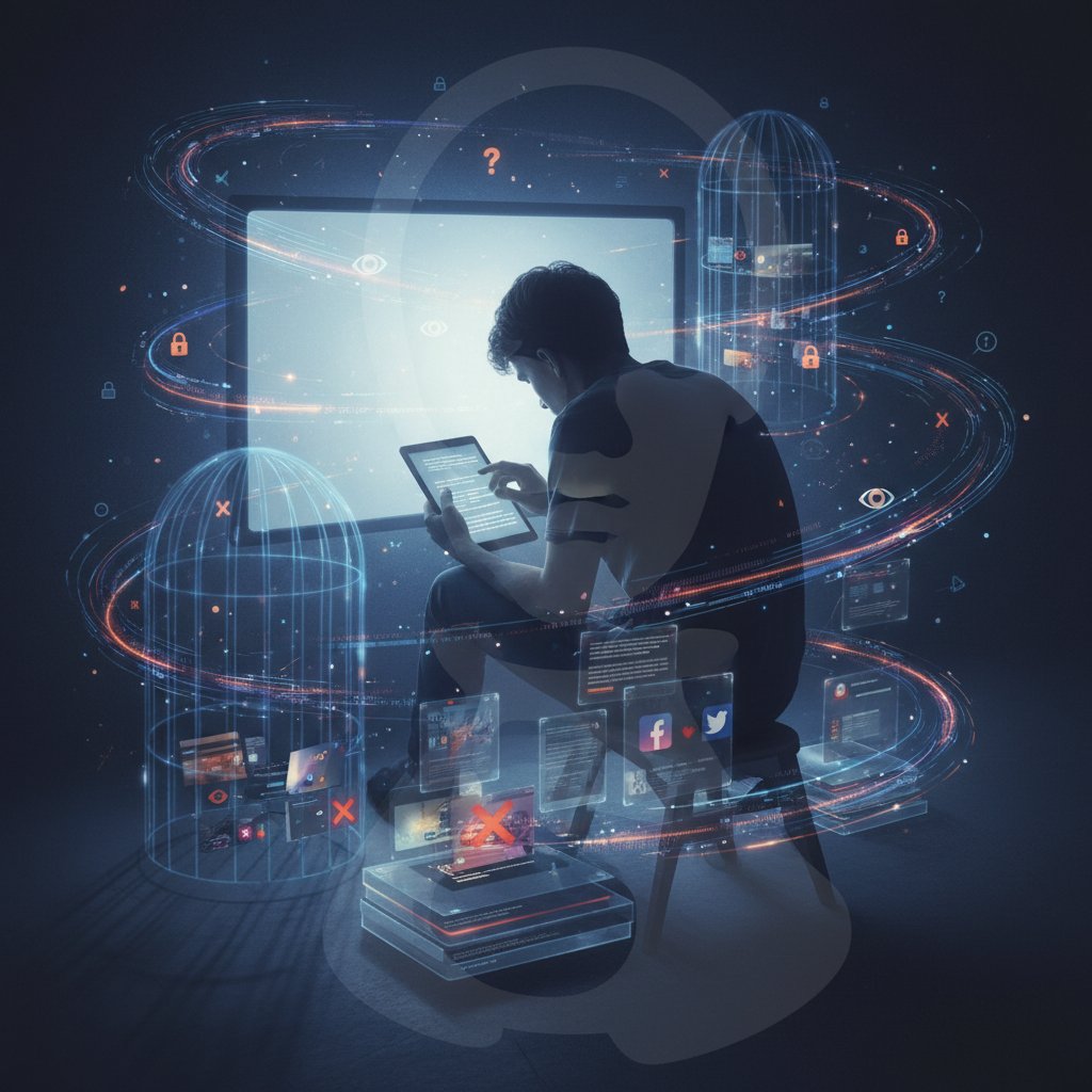 Person surrounded by digital data while watching movies, moody, symbolic shot of data streams weaving around a movie watcher