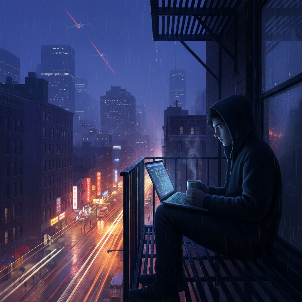 Osoba siedzi samotnie nocą przy laptopie, miasto w tle – cyfrowa intymność i wygadanie online