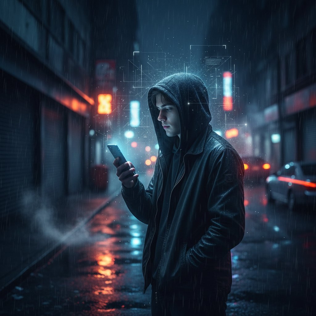 Junge Erwachsene in urbaner Nacht, Blick aufs Smartphone, digitale Verbundenheit
