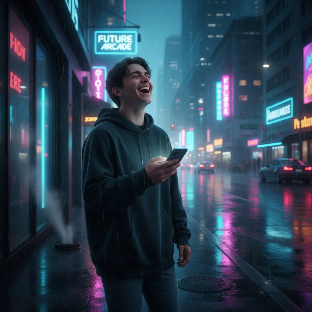 Młoda osoba śmieje się do smartfona w nocnej scenerii miejskiej – rozmowa online na poprawę humoru