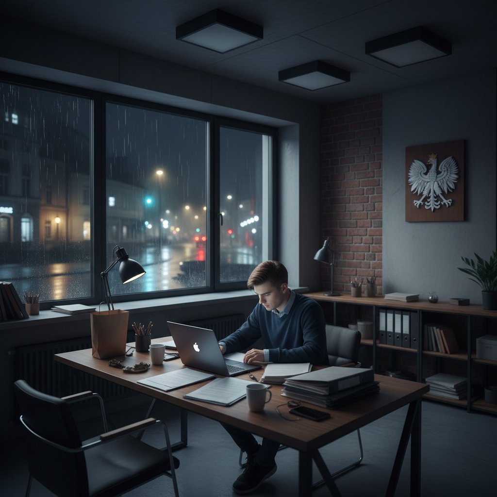 Młody dorosły korzystający z prawnika online na laptopie nocą, atmosfera napięcia i skupienia