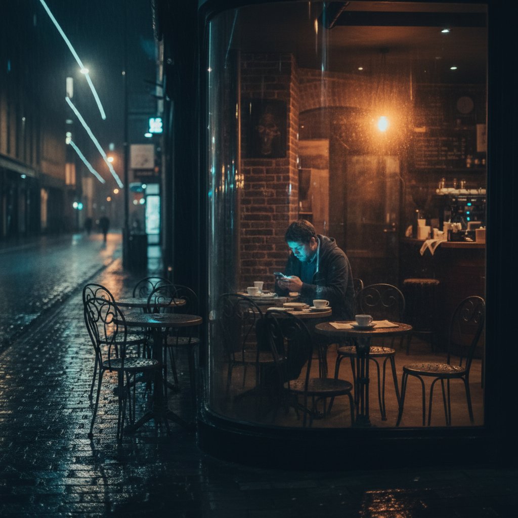 Osoba samotnie przeglądająca telefon w pustej kawiarni nocą, klimat miejski, rozmowy o kulturze, samotność, cyfrowy świat
