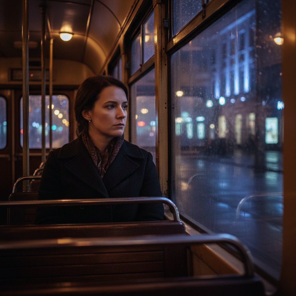 Kobieta w tramwaju nocą – metafora zmiennych nastrojów i poszukiwania równowagi