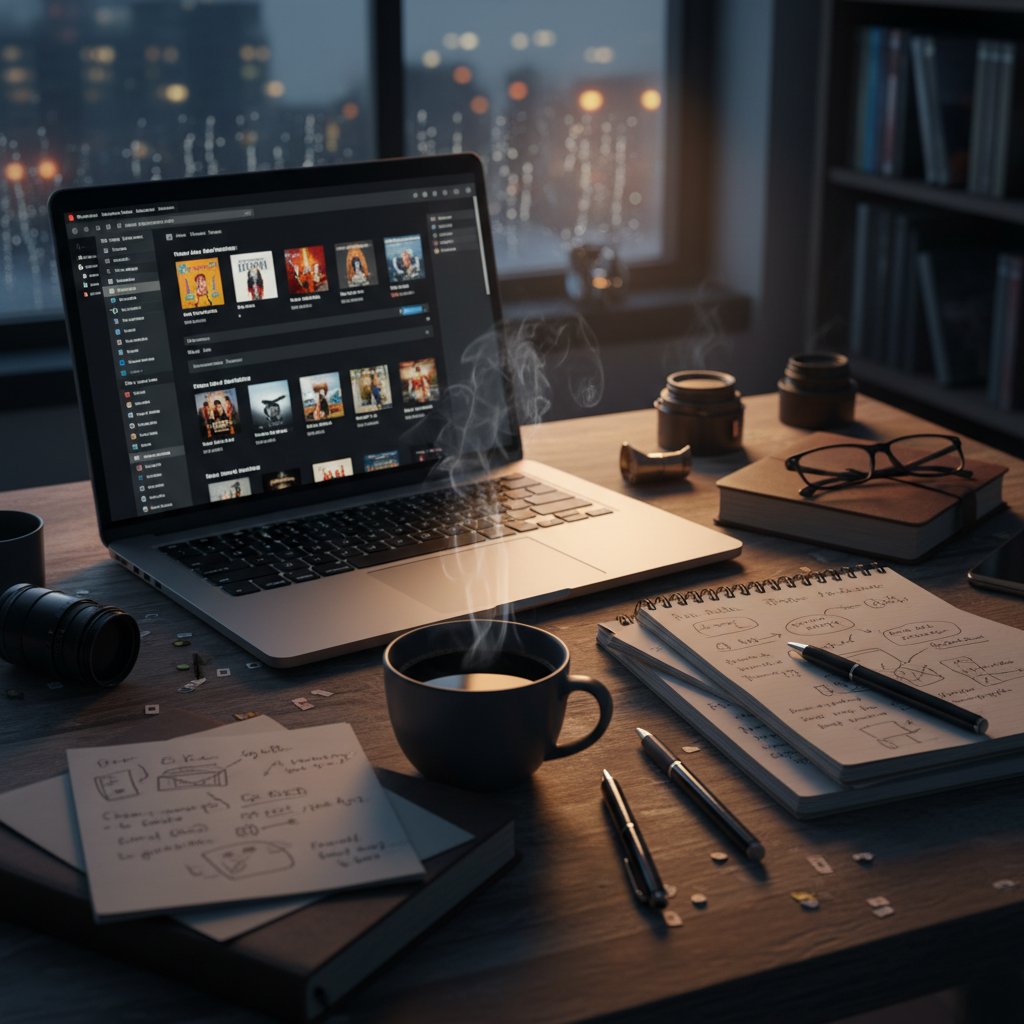 A workspace scene showing a movie lover curating an underground film watchlist.