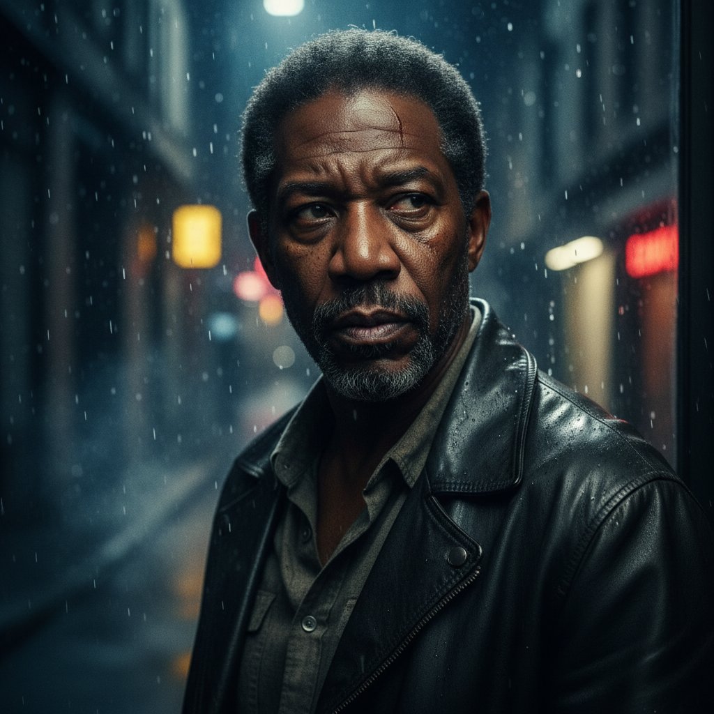 Cinematic close-up portrait of Morgan Freeman breaking the chains of typecasting, high-contrast lighting, rebellious mood