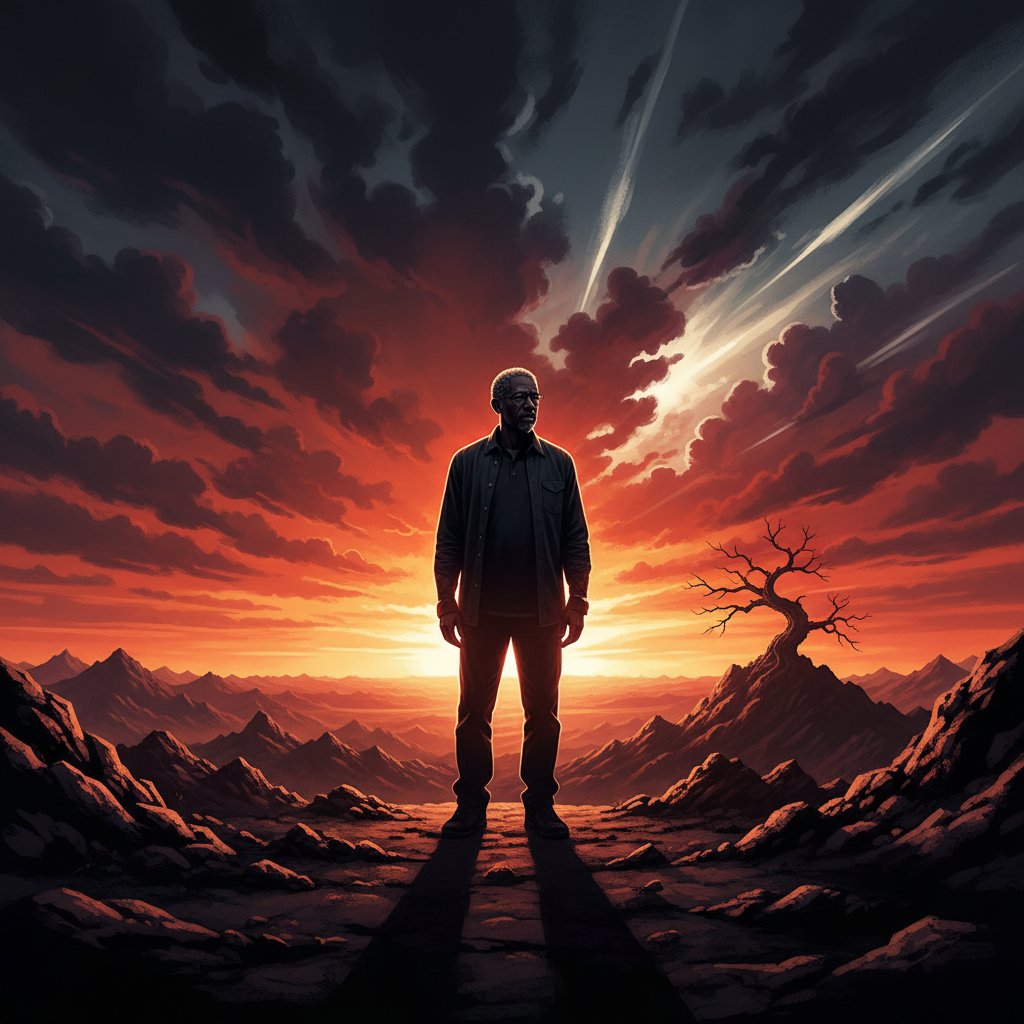 Symbolic photo of Morgan Freeman’s silhouette against a cinematic horizon with film reels unwinding, epic and reflective mood