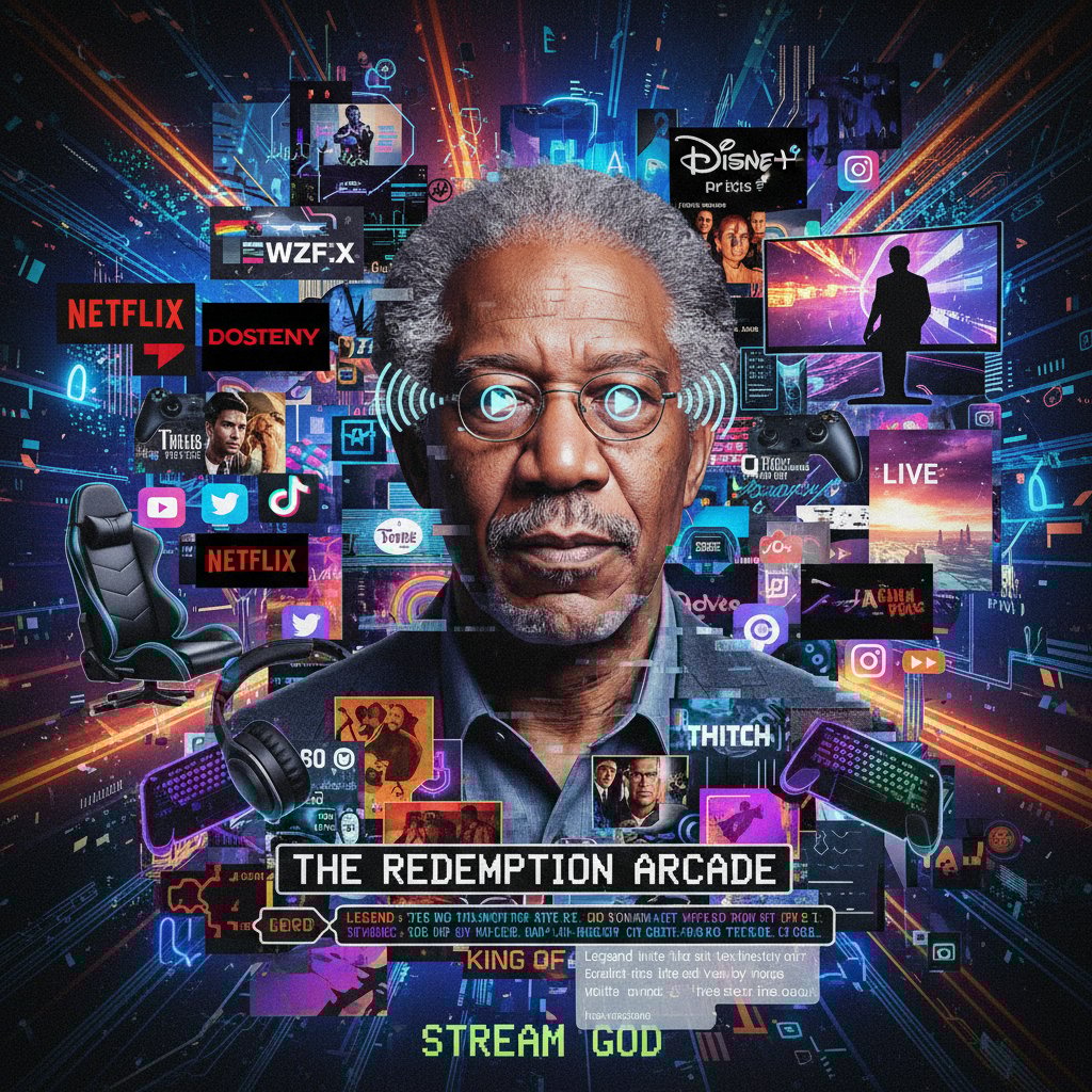 Digital collage photo of Morgan Freeman’s face surrounded by streaming app icons, screens, high-contrast, chaotic yet hopeful mood