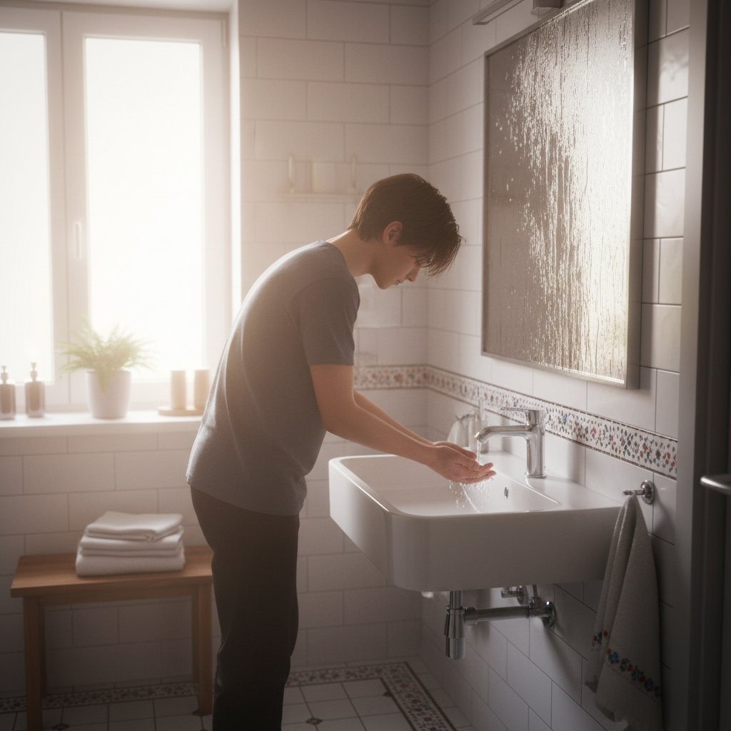 Poranna scena w łazience, młoda osoba myjąca ręce, para na lustrze, naturalne światło – higiena osobista w polskim domu