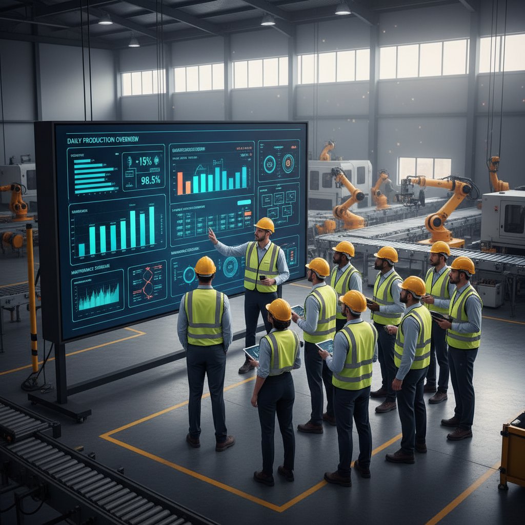 Poranny briefing w fabryce z cyfrową tablicą wyników