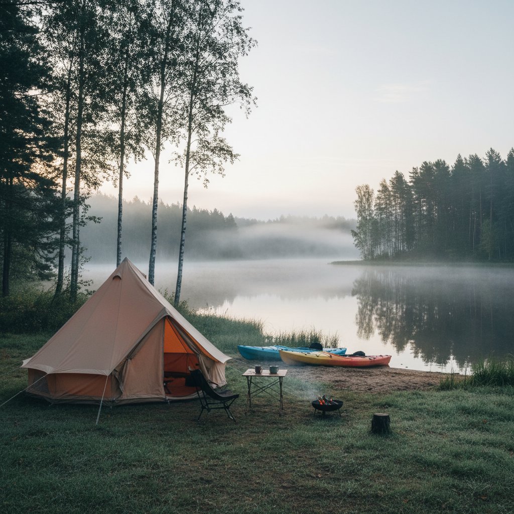 Poranny krajobraz campingowy z namiotami i mgłą nad jeziorem w Podlasiu