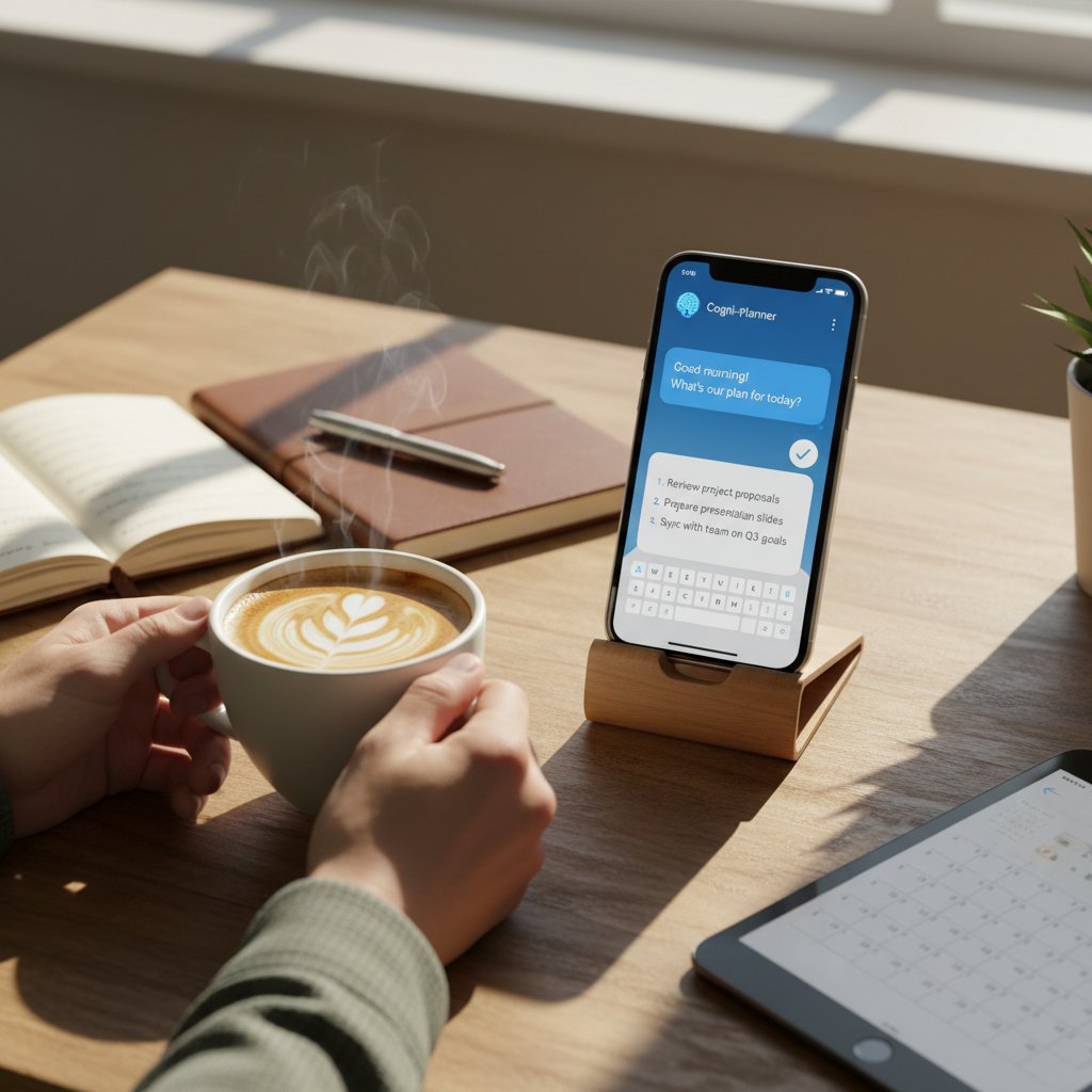 Poranna scena: kubek kawy, notes z planem dnia i telefon z chatbotem AI — symbol startu nowego dnia
