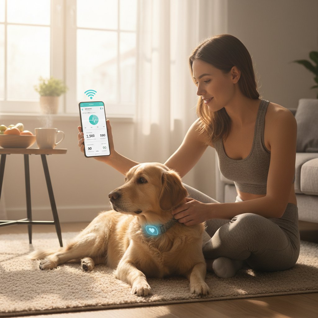 Poranne światło, właściciel psa sprawdza aplikację zdrowotną na smartfonie