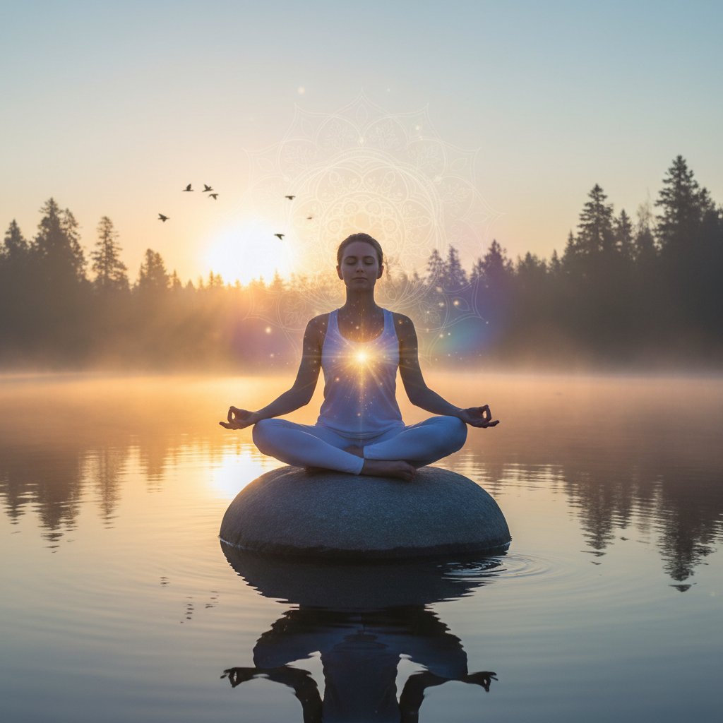 Osoba medytująca w świetle poranka, symbol praktyki mindfulness podczas przebudzenia duchowego