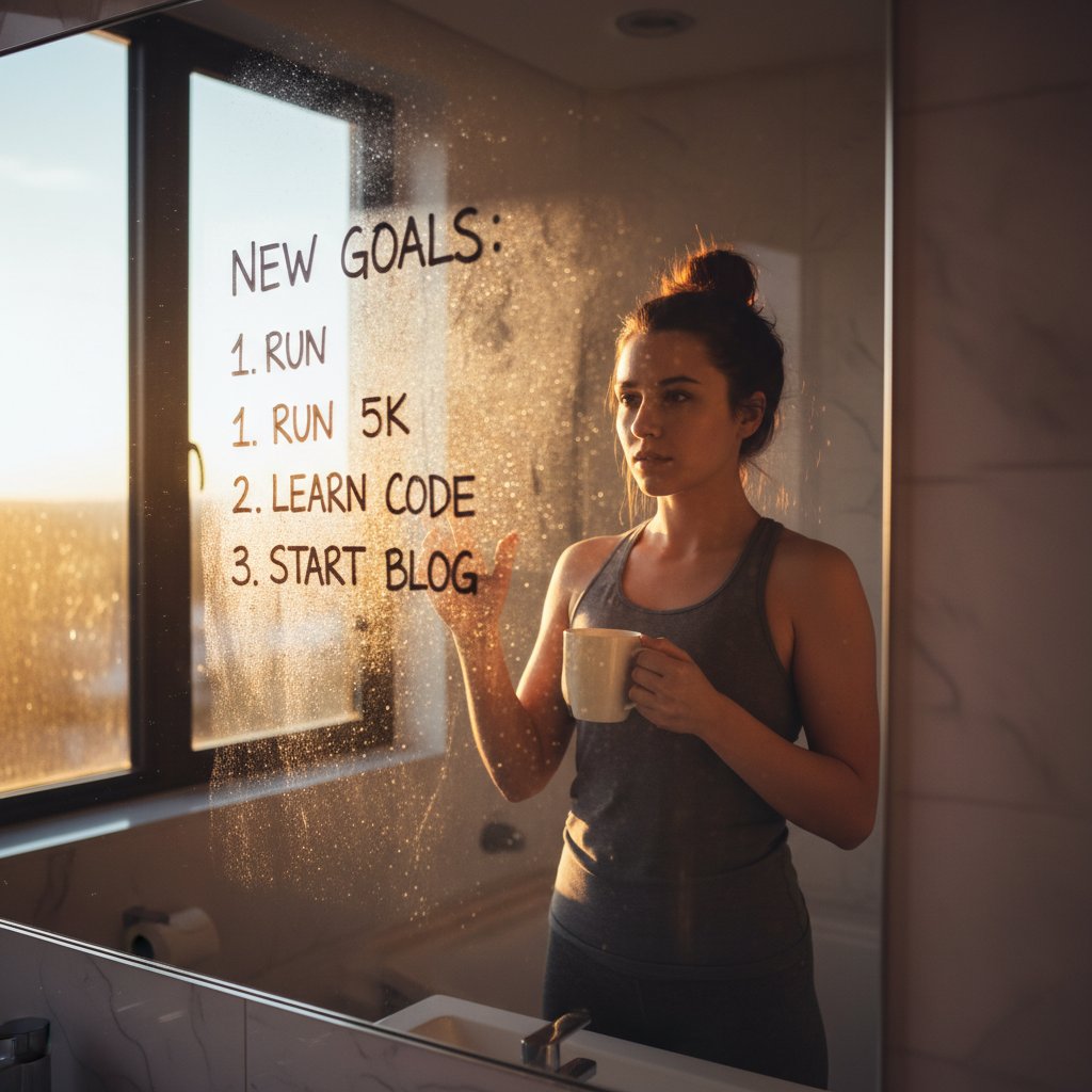 Motywacja o poranku, osoba patrząca w lustro z notatką „nowy dzień – nowe cele”