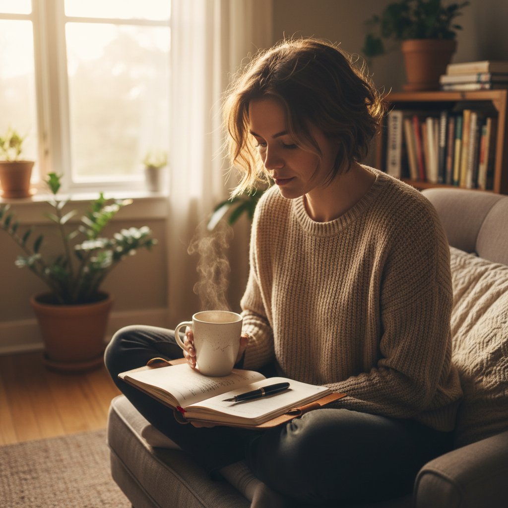 Poranne rytuały – osoba pijąca kawę, czytająca dziennik, spokojna atmosfera domowa