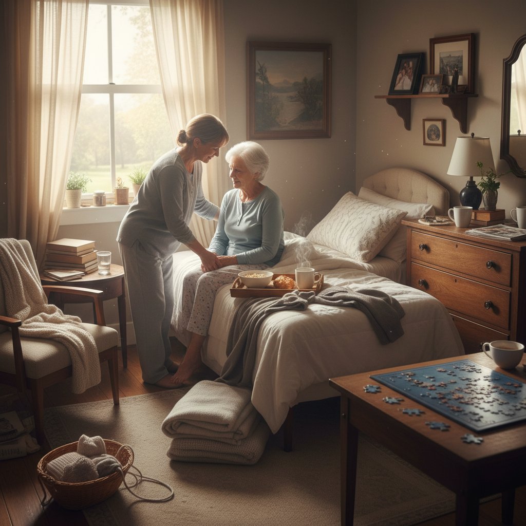 Poranna rutyna z opiekunem i pacjentem, ciepłe światło, autentyczny bałagan – codzienność opieki