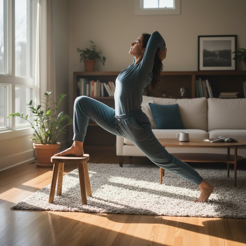 Poranne rozciąganie stopy na macie, sportowa kobieta w domowym wnętrzu, światło dzienne