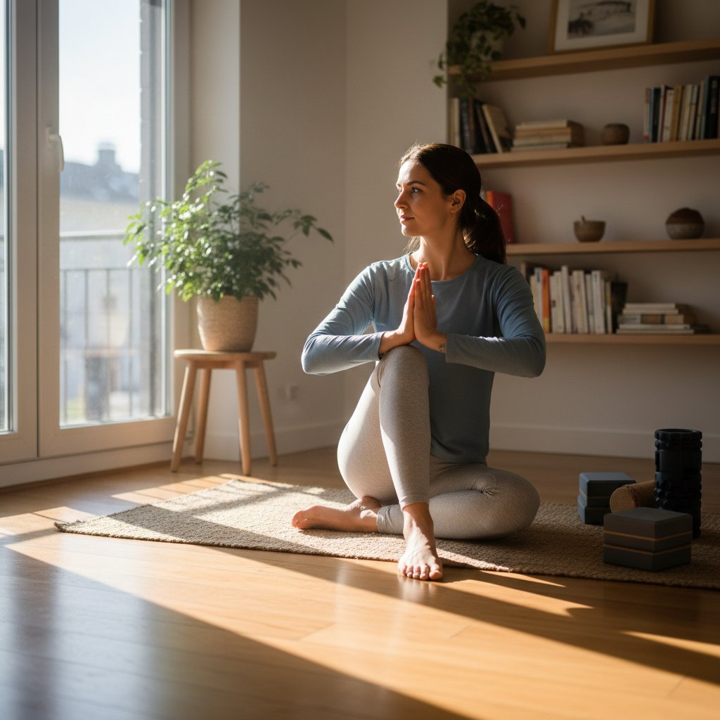 Zdjęcie osoby wykonującej poranne rozciąganie w jasnym pokoju