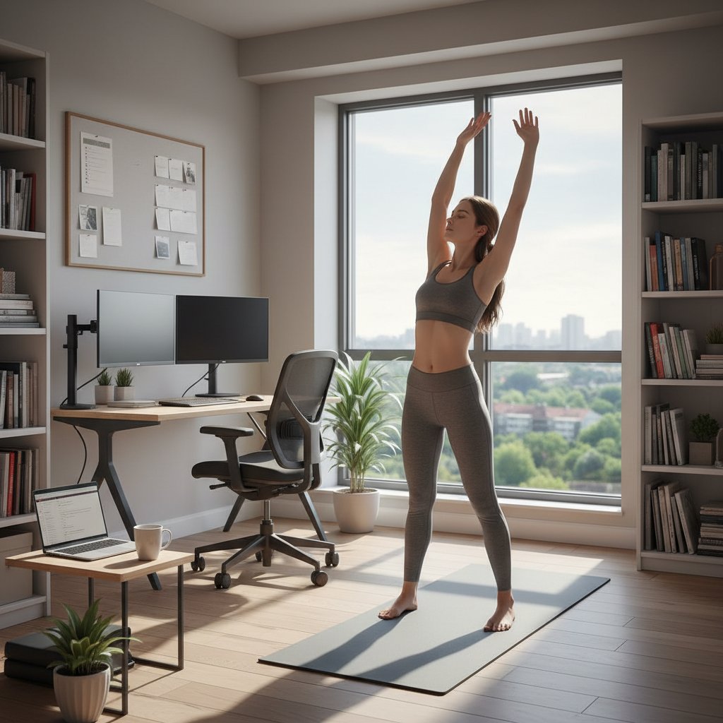Pracownik wykonujący poranne rozciąganie w domu przed pracą