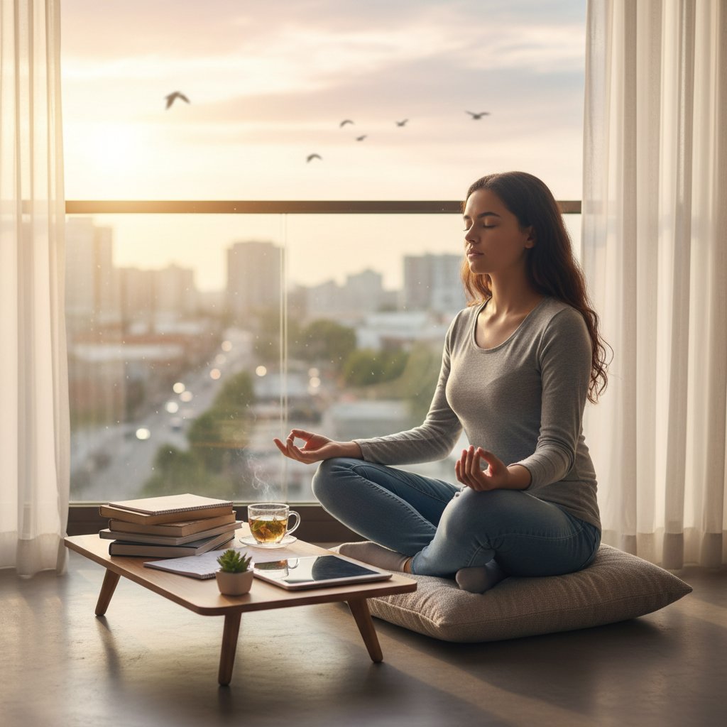 Student medytujący rano przed nauką, spokojna atmosfera, przygotowanie do egzaminu