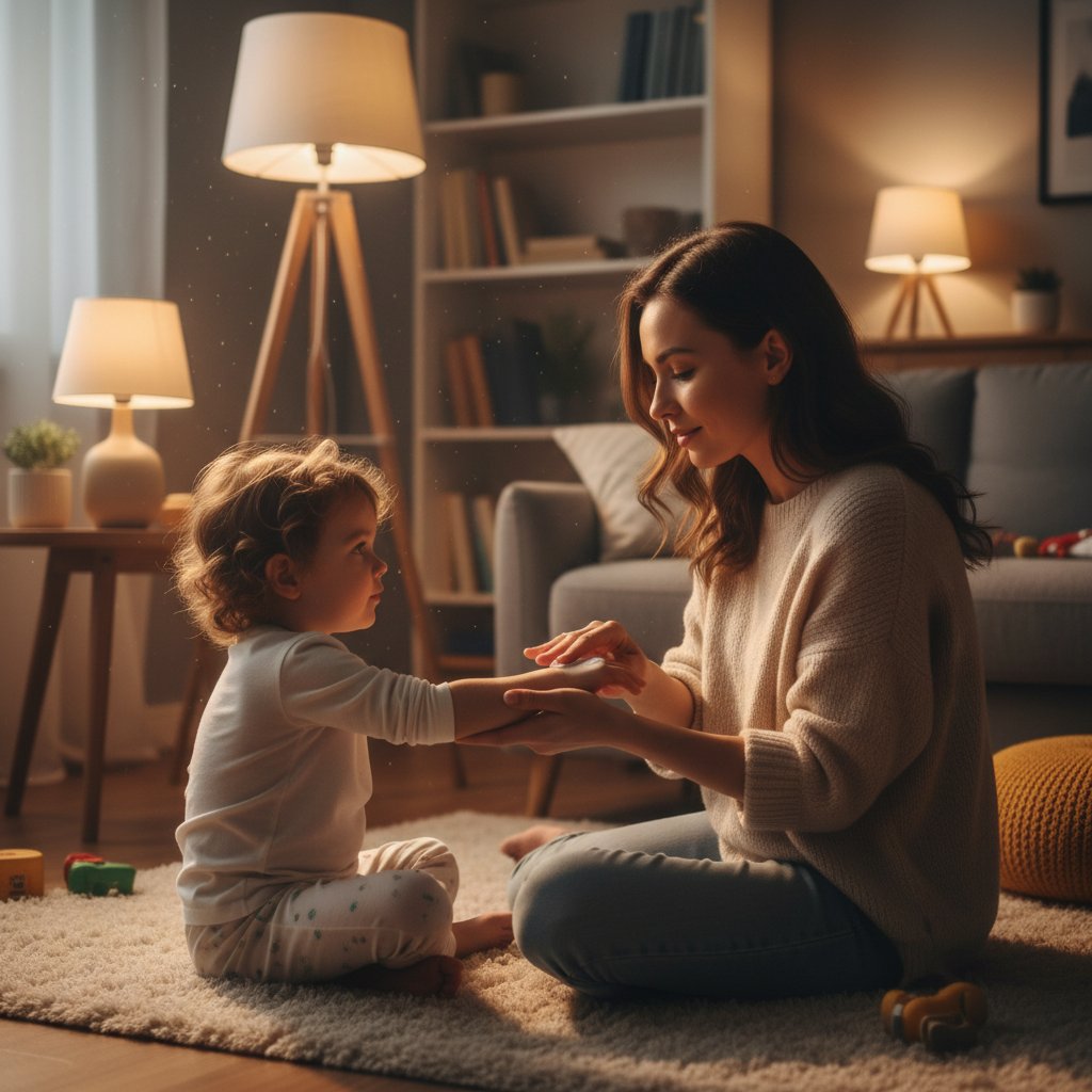 Mama smarująca kremem ramię dziecka z egzemą w domowym zaciszu, emocje, ciepłe światło, opieka i wsparcie