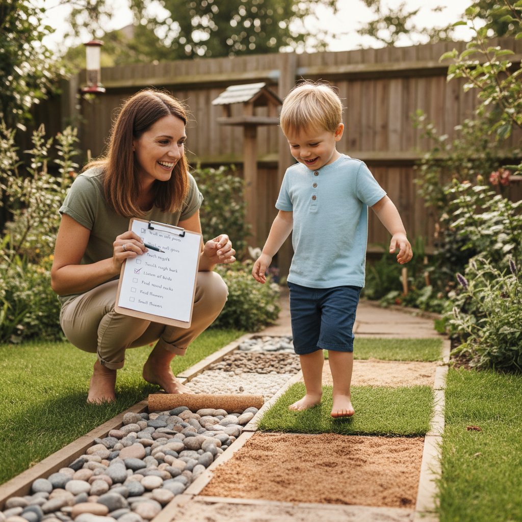 Mama zaznaczająca punkty na liście kontrolnej podczas ćwiczeń z dzieckiem