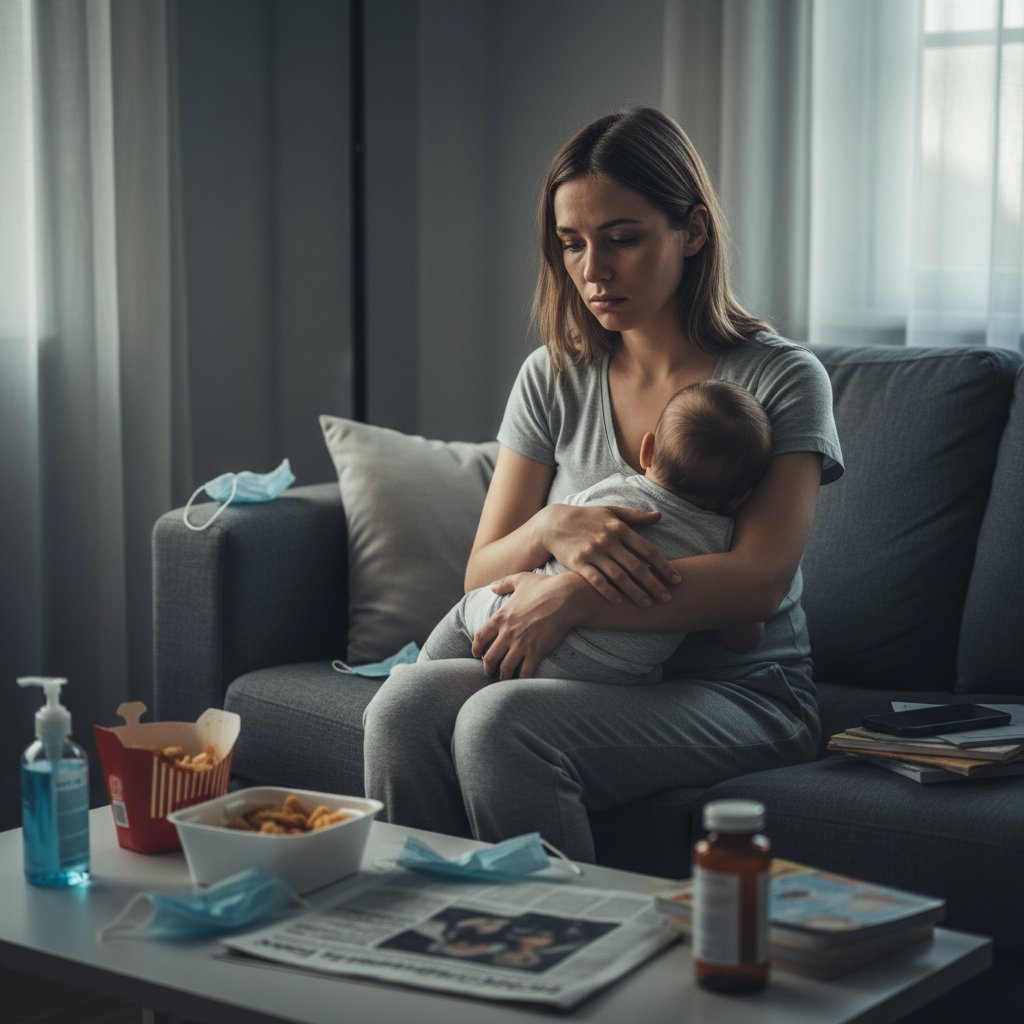 Zdjęcie matki z dzieckiem podczas pandemii, w maseczkach, symbolizujące wpływ cywilizacji na zdrowie psychiczne