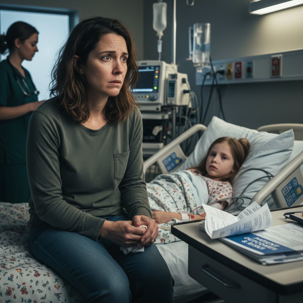 Zatroskana matka z dzieckiem w szpitalu po błędnej diagnozie
