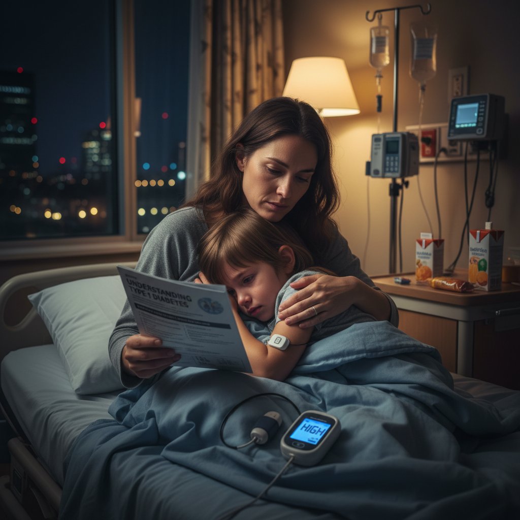 Matka przy łóżku dziecka w szpitalu, dramat diagnozy cukrzycy