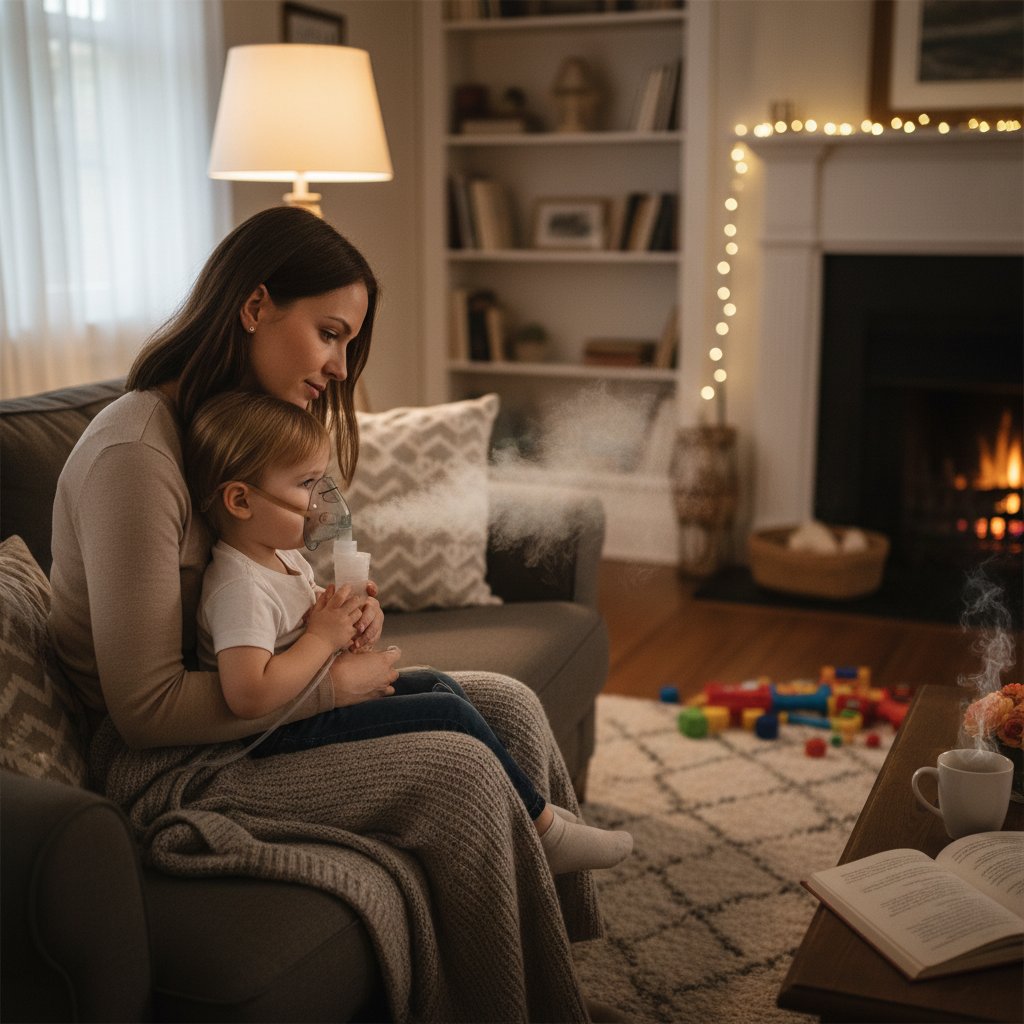 Matka podaje dziecku inhalator, domowa scena, wieczór, atmosfera opieki i troski