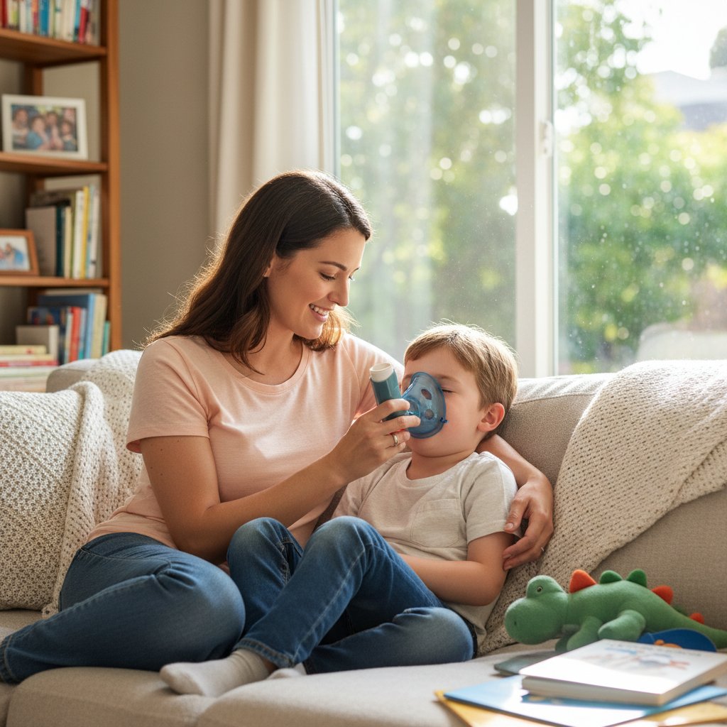 Matka podaje dziecku lek wziewny, domowe zacisze, atmosfera bezpieczeństwa