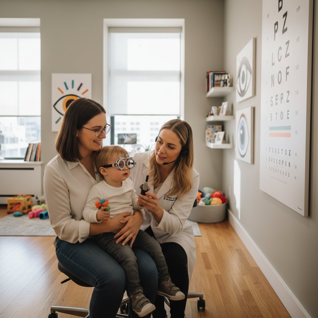 Matka z dzieckiem w poczekalni gabinetu okulistycznego, atmosfera troski i uważności