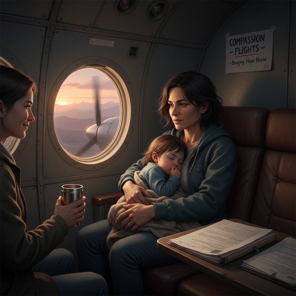Intimate photo of a mother and child in a small plane cabin showing exhaustion and hope during a compassion flight