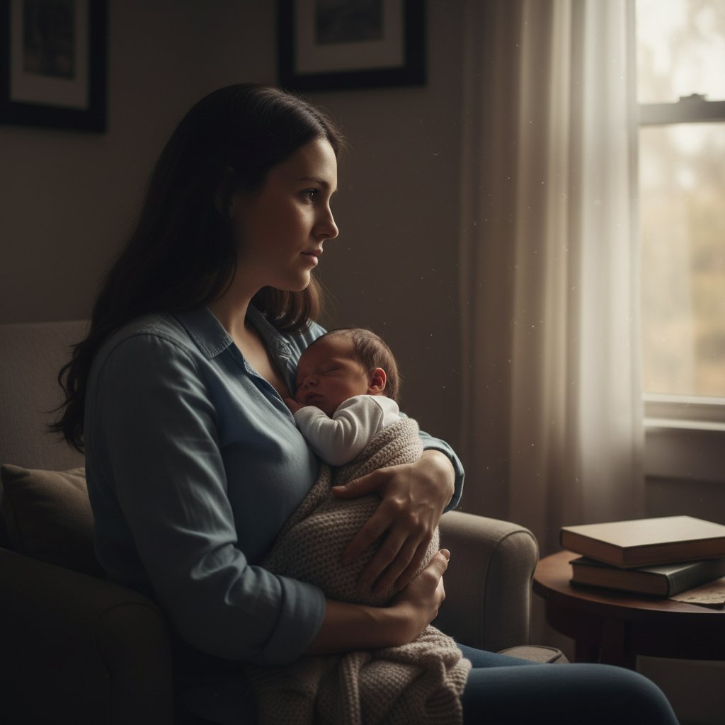 Zdjęcie matki z niemowlęciem, oboje zamyśleni, w tle przytłumione światło