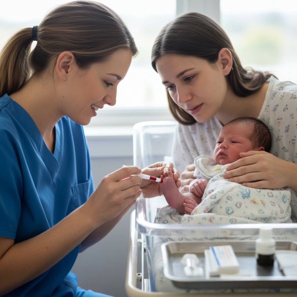 Matka trzymająca noworodka podczas pobierania krwi przez pielęgniarkę, wyraźna emocja na twarzach
