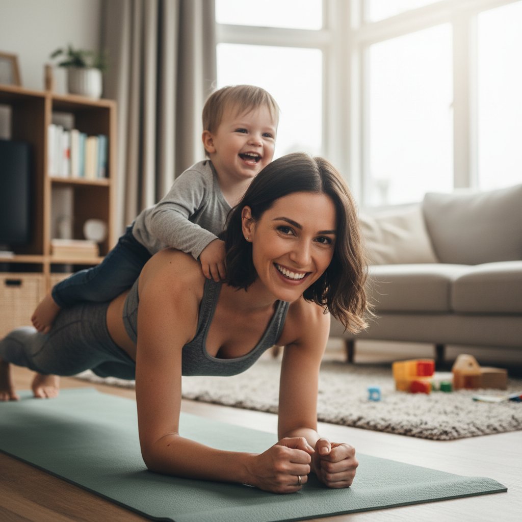 Mama wykonująca plank z dzieckiem na plecach, widoczne skupienie i uśmiech