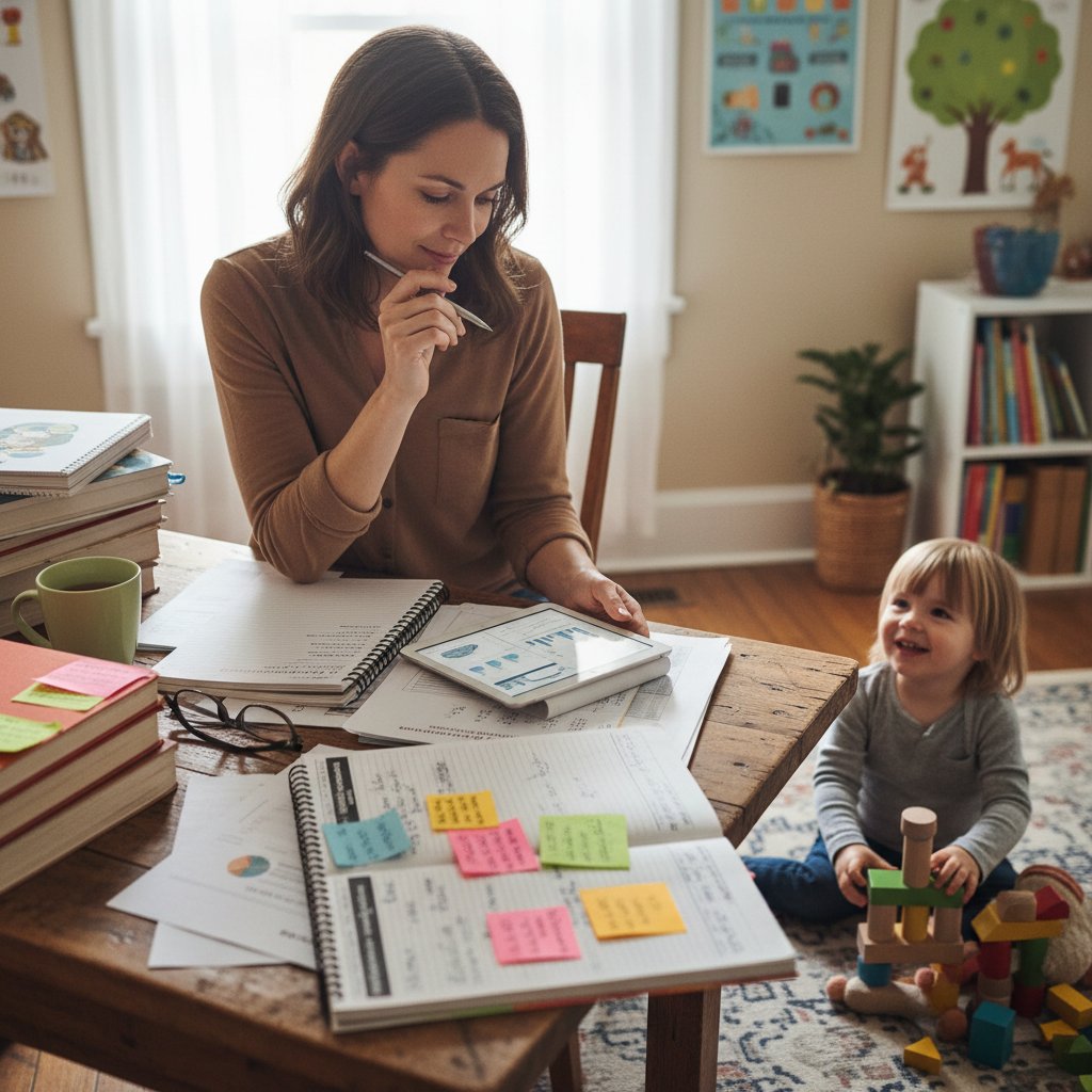Mama analizująca notatki z rozwoju dziecka, symbol samodzielnej obserwacji i wsparcia